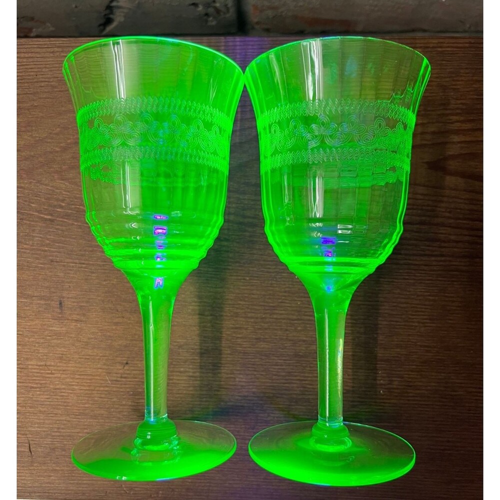 Pair of Bryce Bros Vaseline Uranium Glass Goblets Wine Water Stems Green 1930s